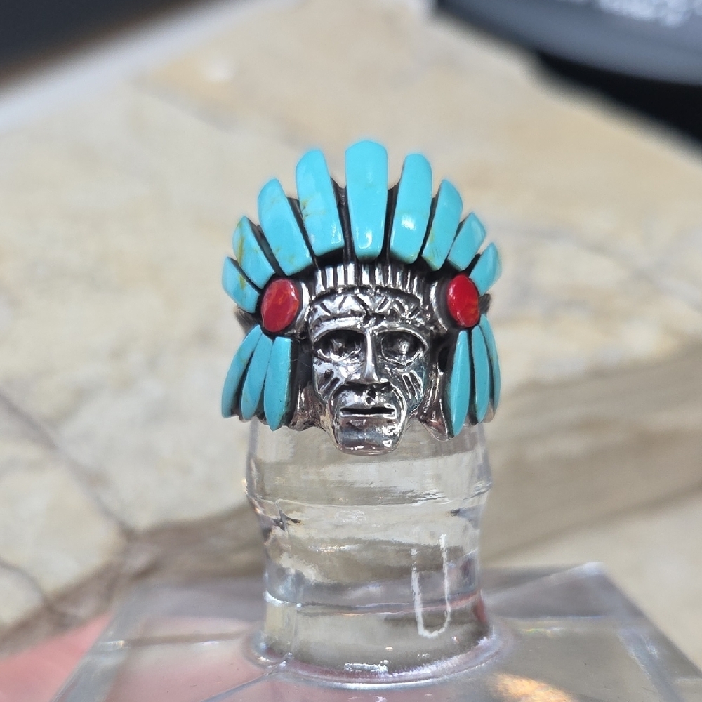 925 Sterljng Silver Turquoise and Coral Native American Chief Ring - Picture 3 of 7